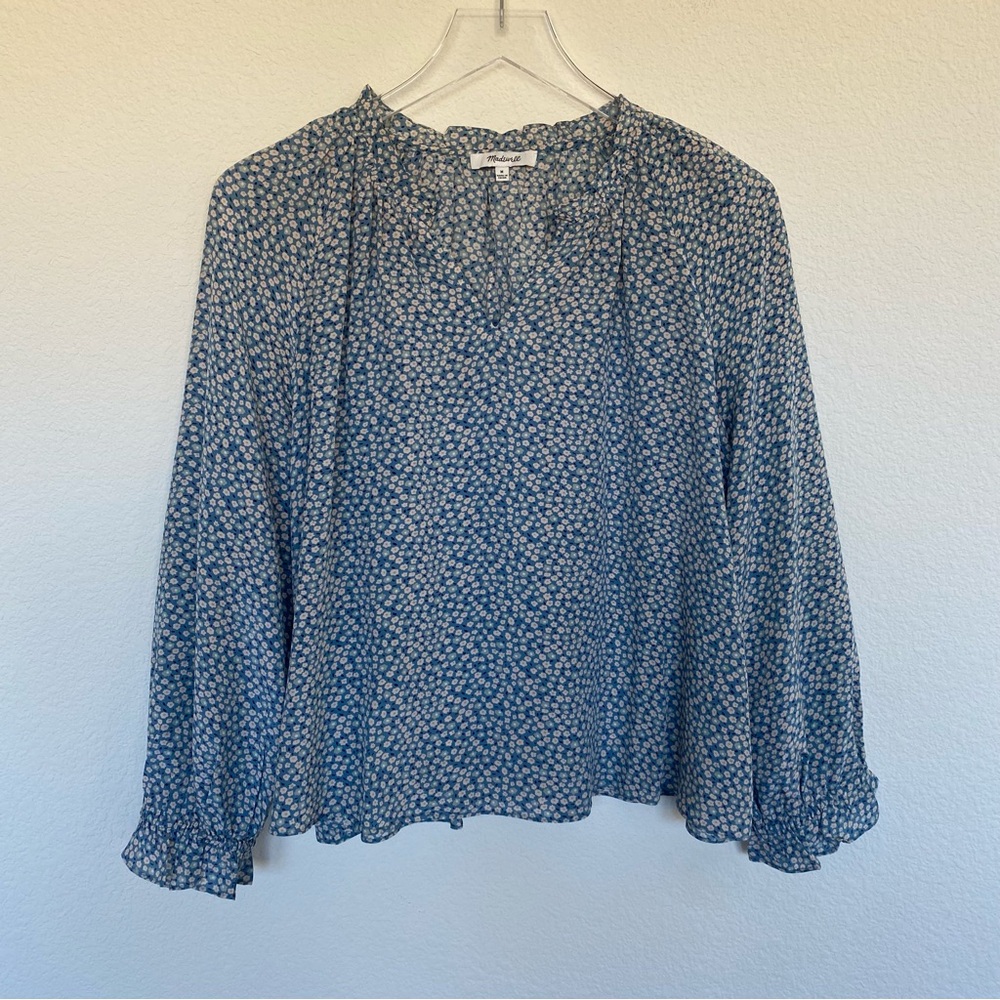 Madewell Floral Print Silk V-neck Ruffle Cuffs Top | Sz M